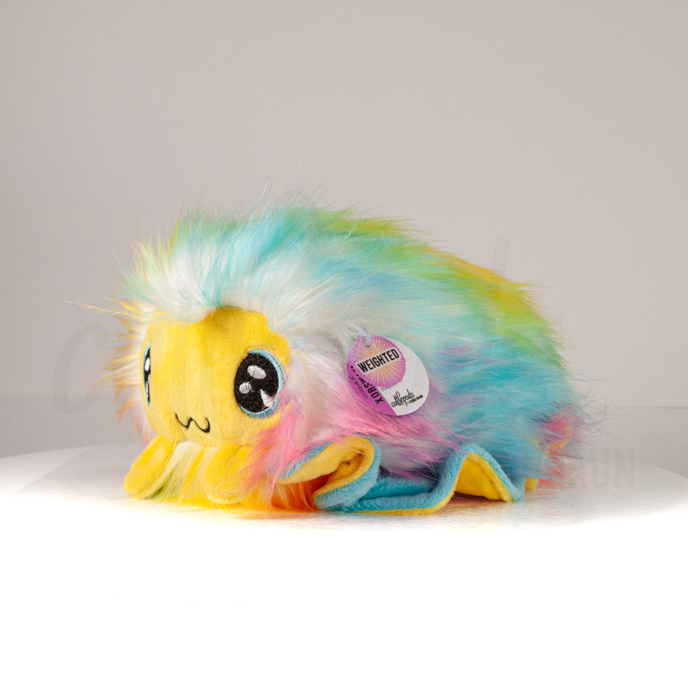 Front view of a cuttlepod plush toy, captured at a slight angle to highlight its charming features: large, cartoonish eyes, ruffled fins, and a cuddly, furry texture.