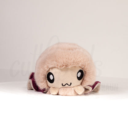 Front view of a cuttlepod plush toy, showcasing its unique form with large, cartoonish eyes, ruffled fins, and a cuddly, furry texture.