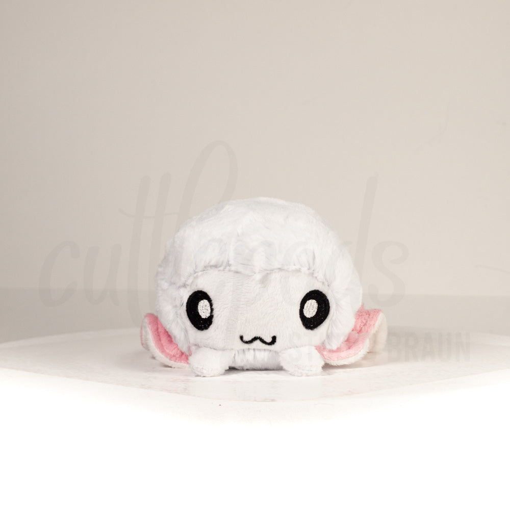 Front view of a cuttlepod plush toy, showcasing its unique form with large, cartoonish eyes, ruffled fins, and a cuddly, furry texture.