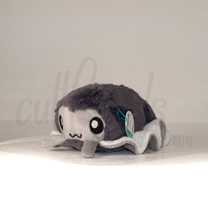 Front view of a cuttlepod plush toy, captured at a slight angle to highlight its charming features: large, cartoonish eyes, ruffled fins, and a cuddly, furry texture.