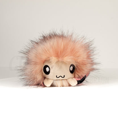 Front view of a cuttlepod plush toy, showcasing its unique form with large, cartoonish eyes, ruffled fins, and a cuddly, furry texture.