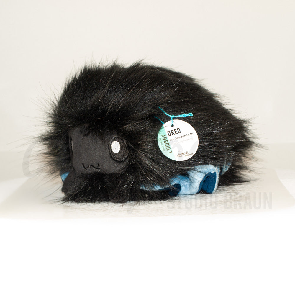 Front view of a cuttlepod plush toy, captured at a slight angle to highlight its charming features: large, cartoonish eyes, ruffled fins, and a cuddly, furry texture.