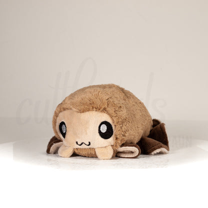 Front view of a cuttlepod plush toy, captured at a slight angle to highlight its charming features: large, cartoonish eyes, ruffled fins, and a cuddly, furry texture.