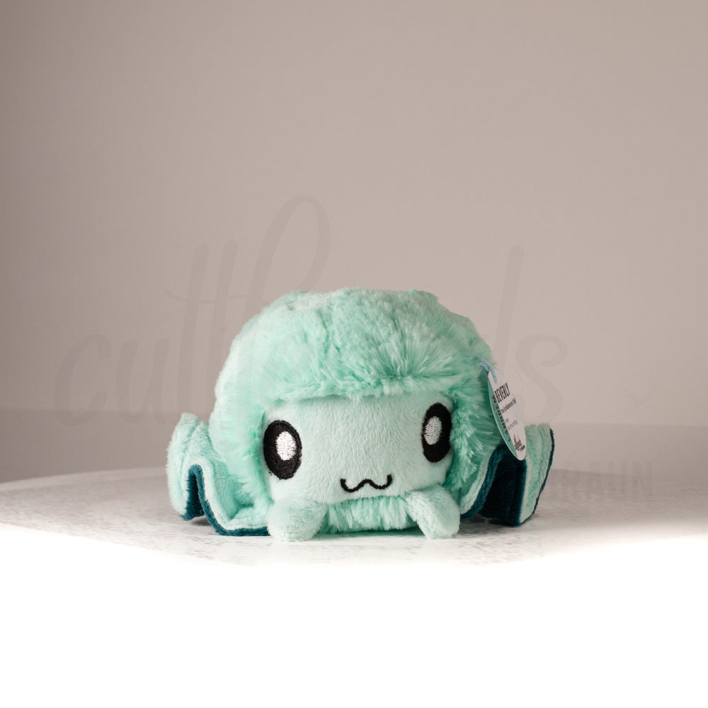 Front view of a cuttlepod plush toy, showcasing its unique form with large, cartoonish eyes, ruffled fins, and a cuddly, furry texture.