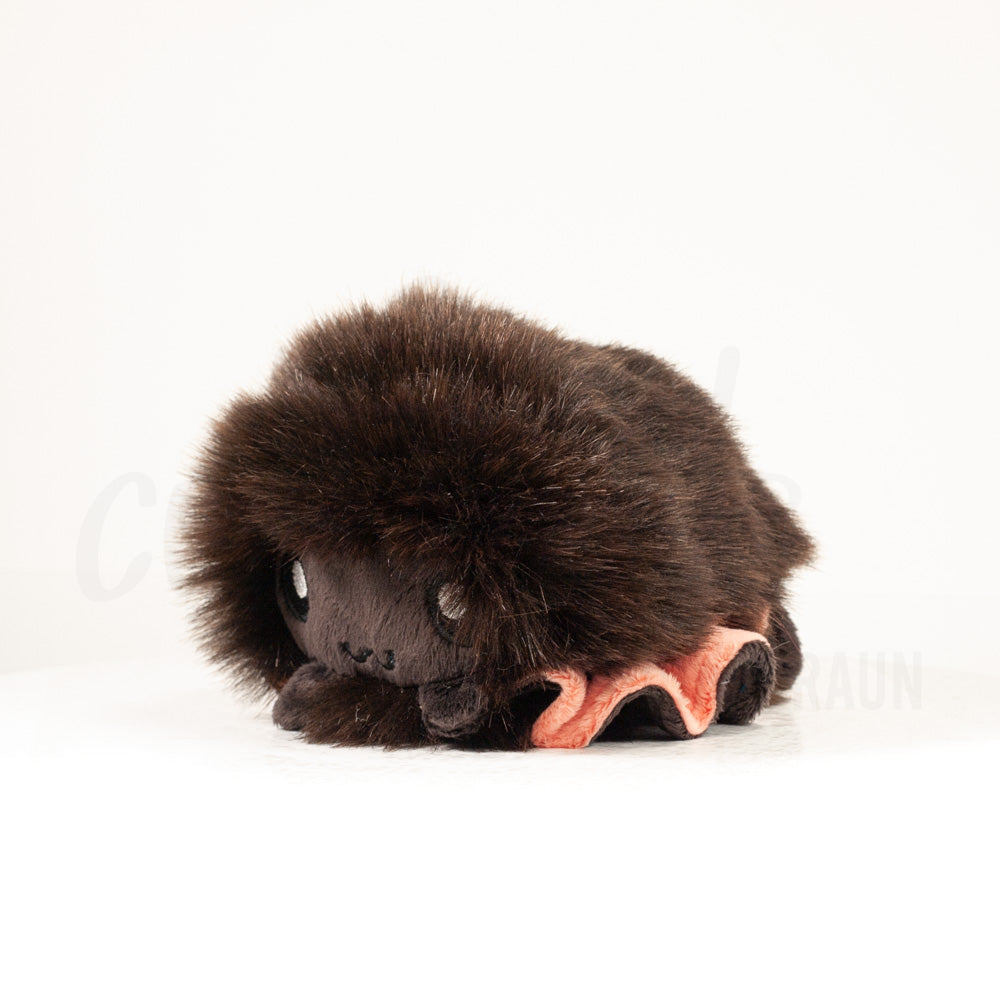 Front view of a cuttlepod plush toy, captured at a slight angle to highlight its charming features: large, cartoonish eyes, ruffled fins, and a cuddly, furry texture.