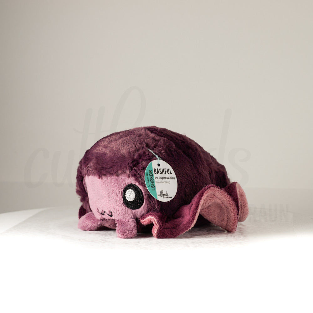 Front view of a cuttlepod plush toy, captured at a slight angle to highlight its charming features: large, cartoonish eyes, ruffled fins, and a cuddly, furry texture.