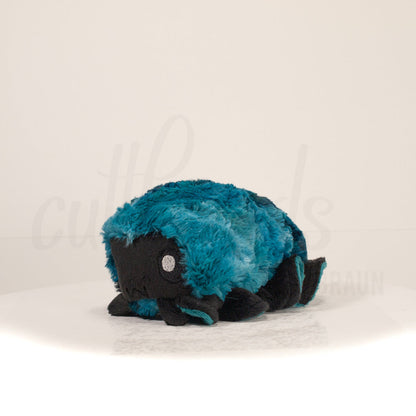 Front view of a cuttlepod plush toy, captured at a slight angle to highlight its charming features: large, cartoonish eyes, ruffled fins, and a cuddly, furry texture.