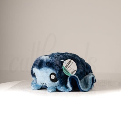 Front view of a cuttlepod plush toy, captured at a slight angle to highlight its charming features: large, cartoonish eyes, ruffled fins, and a cuddly, furry texture.