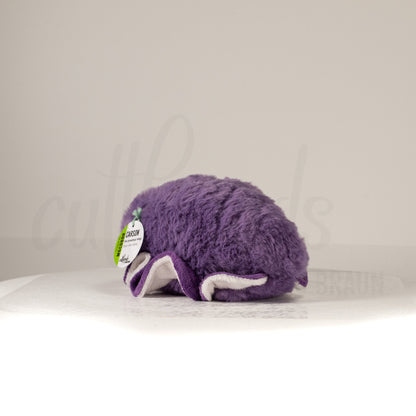 Slightly angled back view of a cuttlepod plush toy, highlighting two-tone ruffled fins, and a cuddly, furry body that comes to a soft point at the rear.