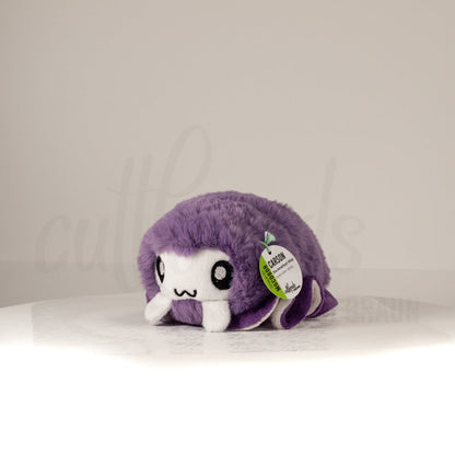 Front view of a cuttlepod plush toy, captured at a slight angle to highlight its charming features: large, cartoonish eyes, ruffled fins, and a cuddly, furry texture.