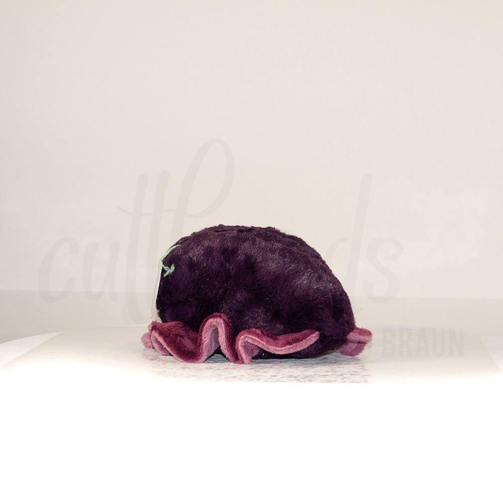 Slightly angled back view of a cuttlepod plush toy, highlighting two-tone ruffled fins, and a cuddly, furry body that comes to a soft point at the rear.