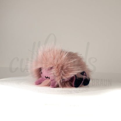 Front view of a cuttlepod plush toy, captured at a slight angle to highlight its charming features: large, cartoonish eyes, ruffled fins, and a cuddly, furry texture.