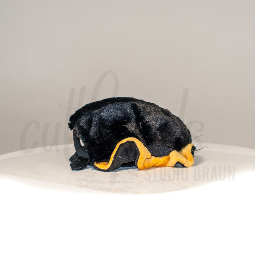 Side profile view of a cuttlepod plush toy, showcasing two-tone ruffled fins, and a cuddly, furry body.