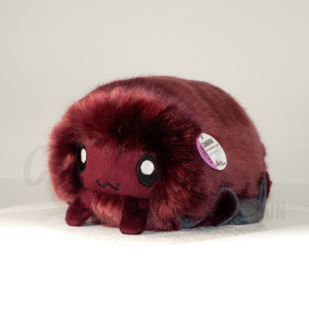 Front view of a cuttlepod plush toy, captured at a slight angle to highlight its charming features: large, cartoonish eyes, ruffled fins, and a cuddly, furry texture.