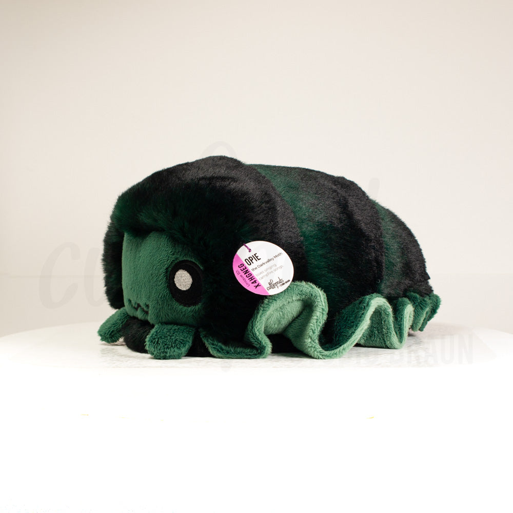 Front view of a cuttlepod plush toy, captured at a slight angle to highlight its charming features: large, cartoonish eyes, ruffled fins, and a cuddly, furry texture.