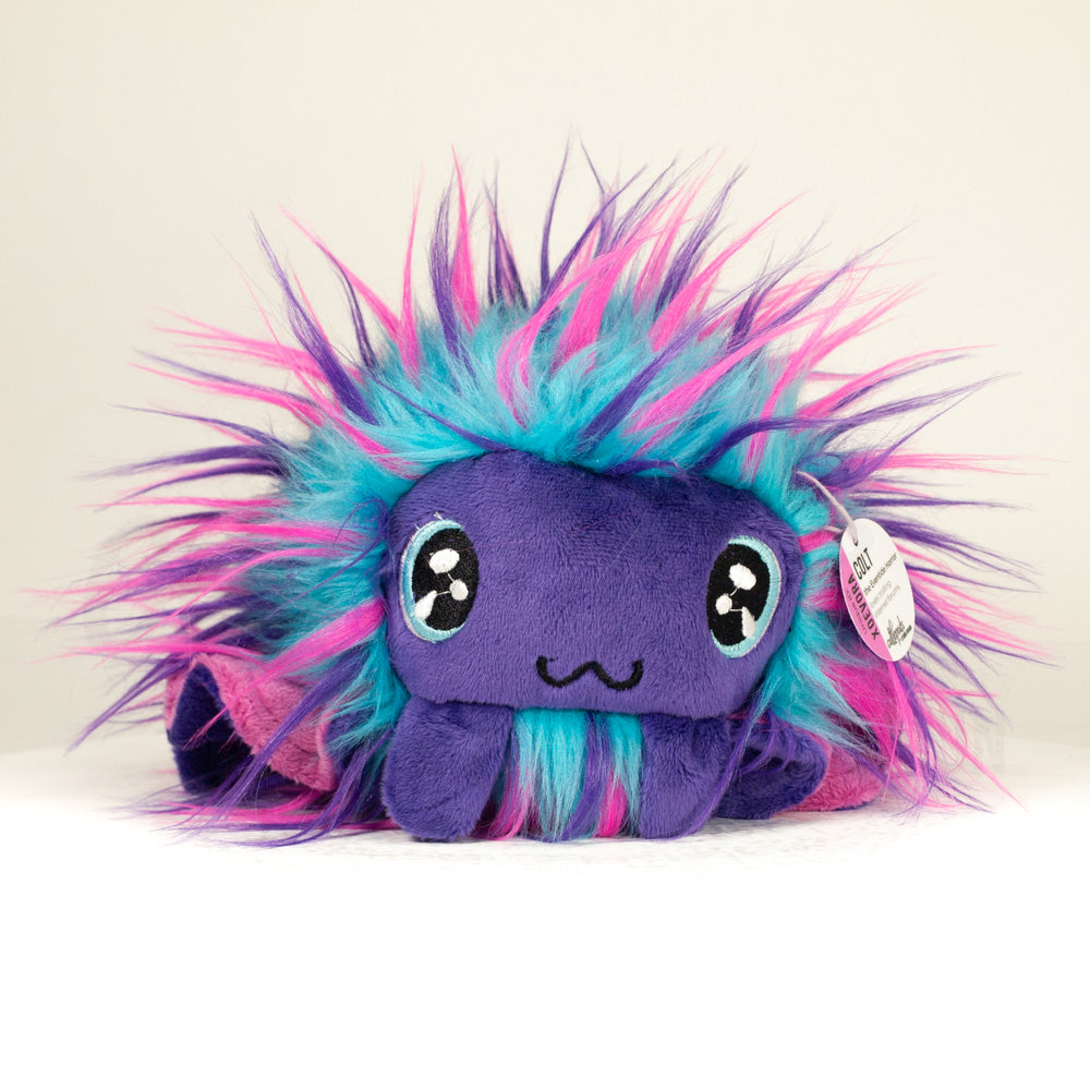 Side profile view of a cuttlepod plush toy, showcasing two-tone ruffled fins, and a cuddly, furry body.