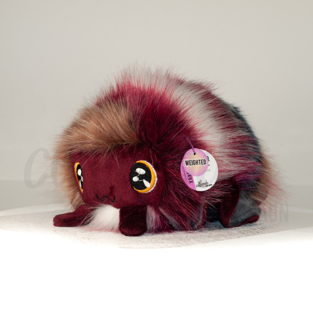 Front view of a cuttlepod plush toy, captured at a slight angle to highlight its charming features: large, cartoonish eyes, ruffled fins, and a cuddly, furry texture.