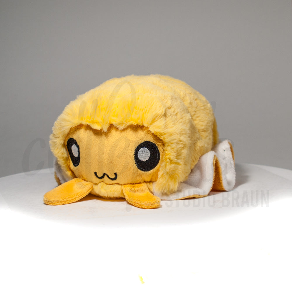 Front view of a cuttlepod plush toy, captured at a slight angle to highlight its charming features: large, cartoonish eyes, ruffled fins, and a cuddly, furry texture.