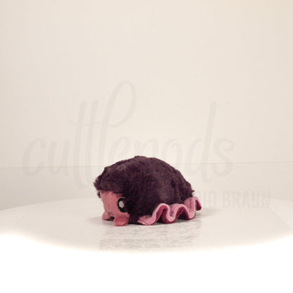 Front view of a cuttlepod plush toy, captured at a slight angle to highlight its charming features: large, cartoonish eyes, ruffled fins, and a cuddly, furry texture.